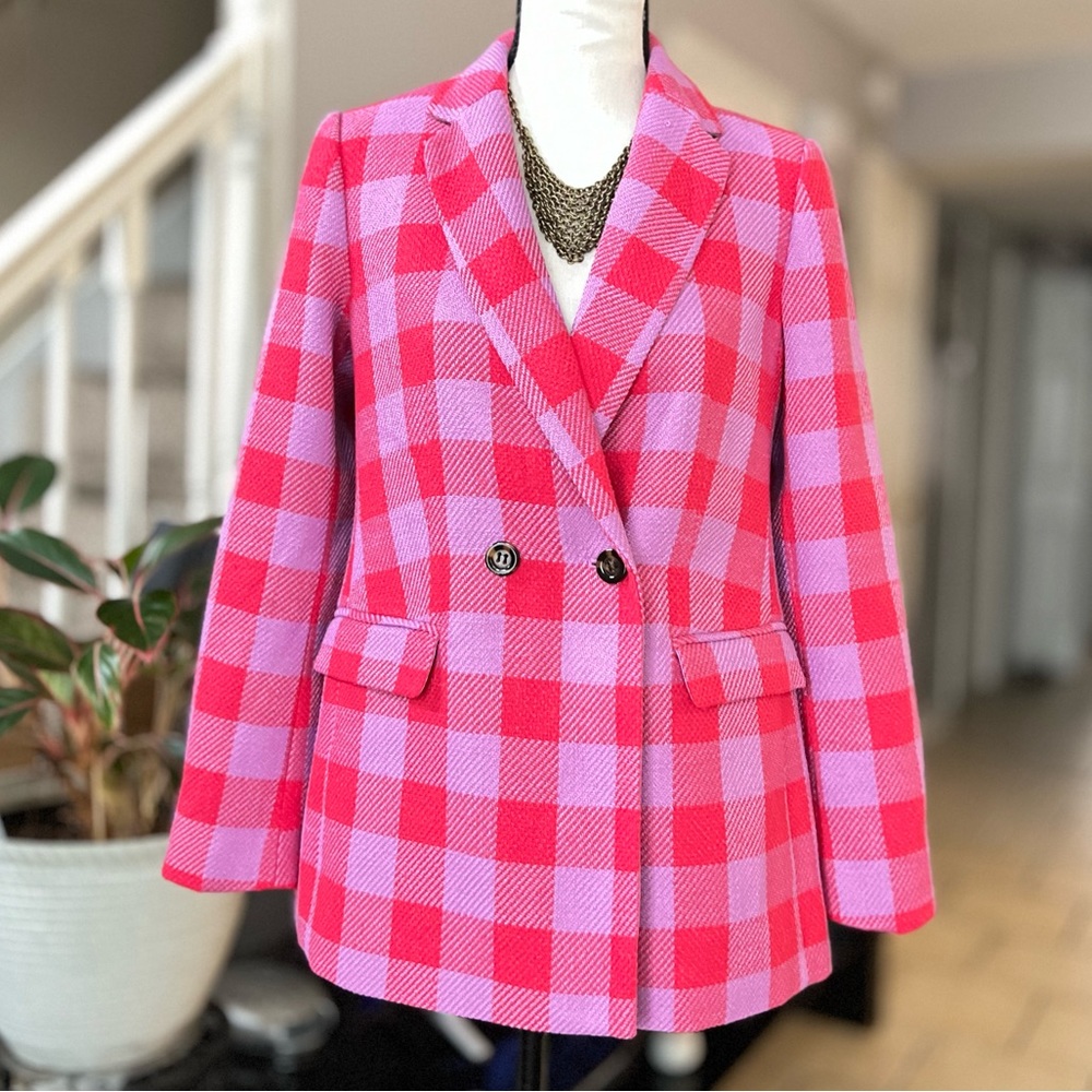 ANN TAYLOR BLAZER plaid gingham pink red